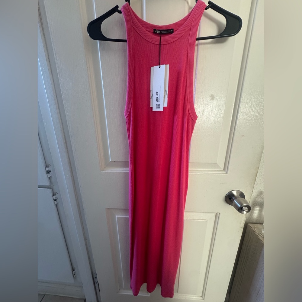 Zara Fuchsia Pink Ribbed Tank Midi Dress